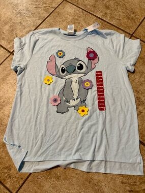 Disney Light Blue Stitch Graphic Tee with Floral Appliqués